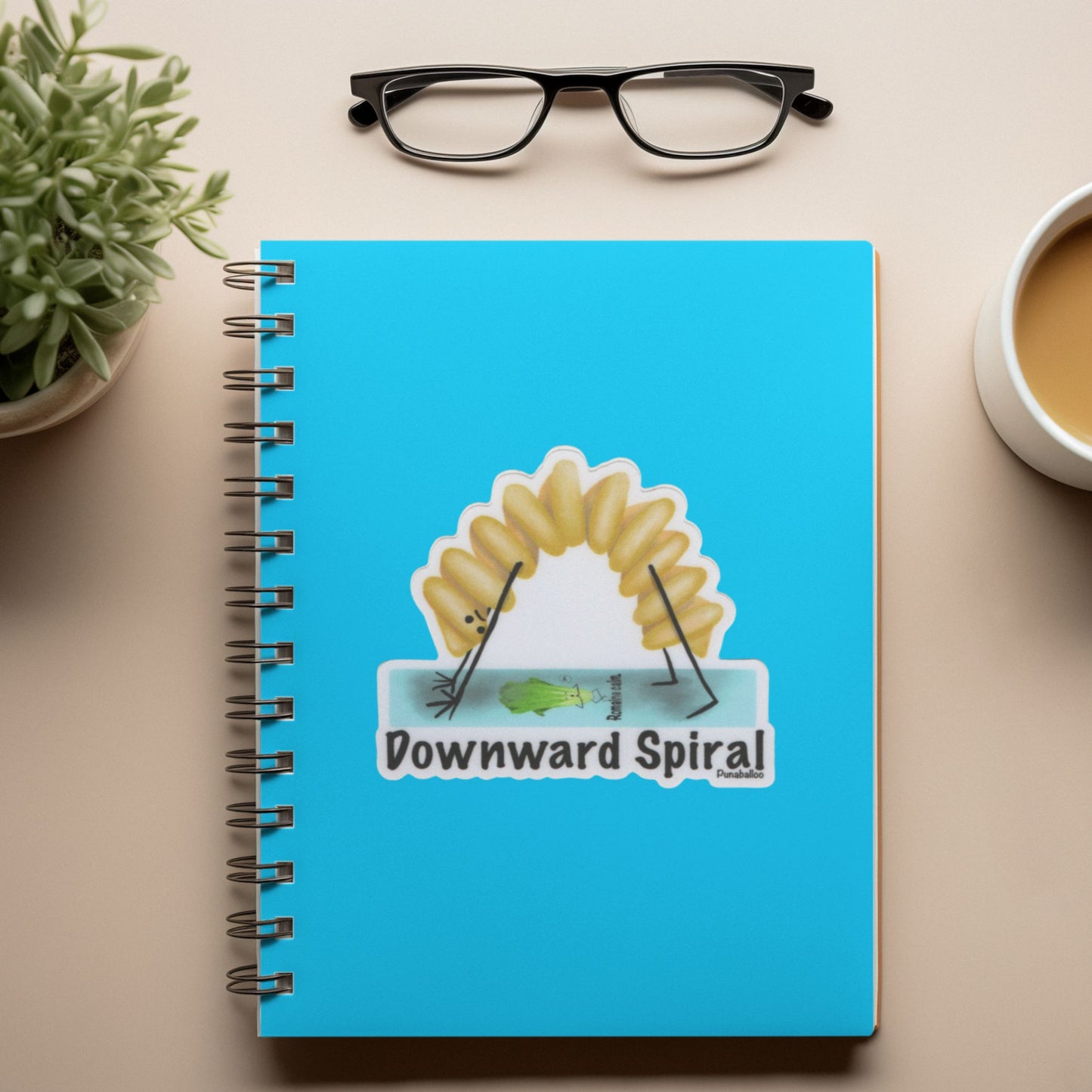 Downward Spiral Pasta Pun Sticker – 3″ Vinyl, Weatherproof Yoga & Pasta Humor
