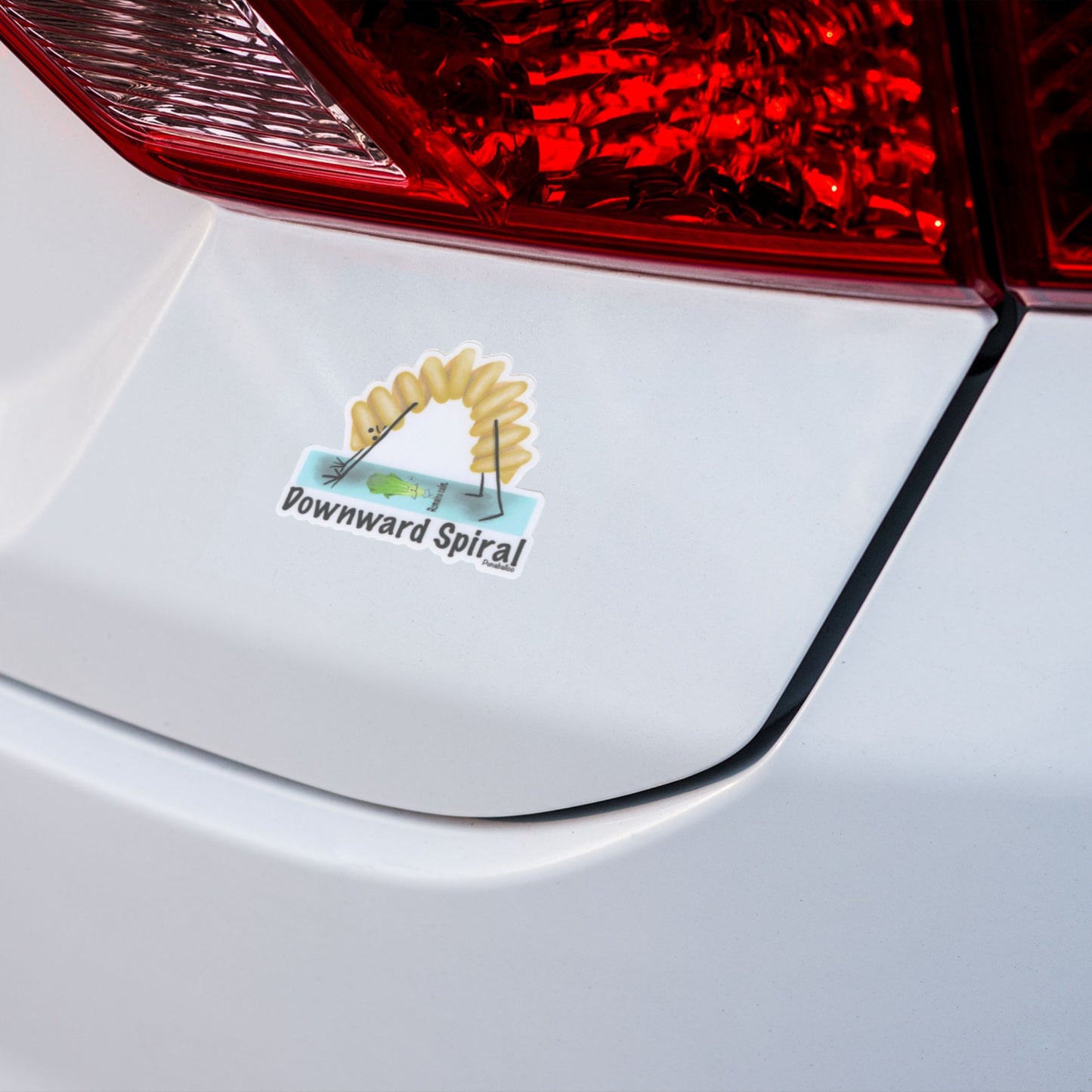 Downward Spiral Pasta Pun Sticker – 3″ Vinyl, Weatherproof Yoga & Pasta Humor