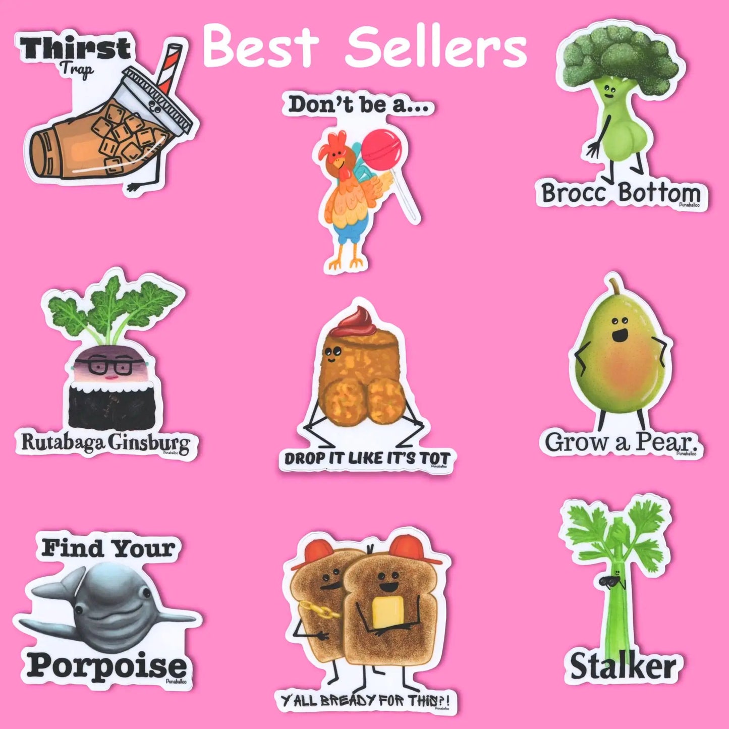Collection of cartoon stickers with humorous text on a pink background