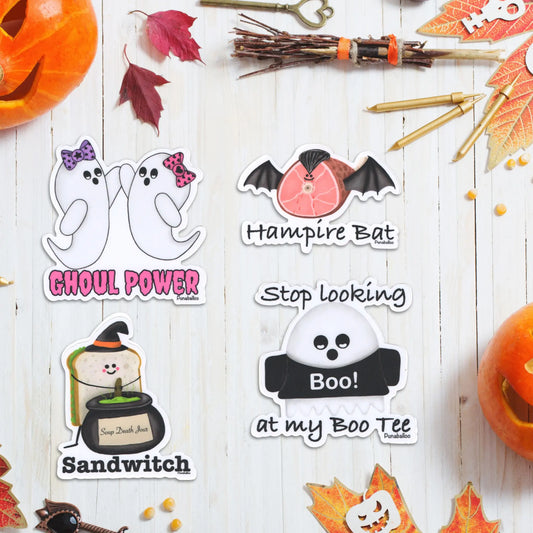 Halloween Sticker Bundle – Funny Ghost, Witch, Vampire & Pun Vinyl Stickers (Set of 4, 3") – Waterproof & Spooky Cute