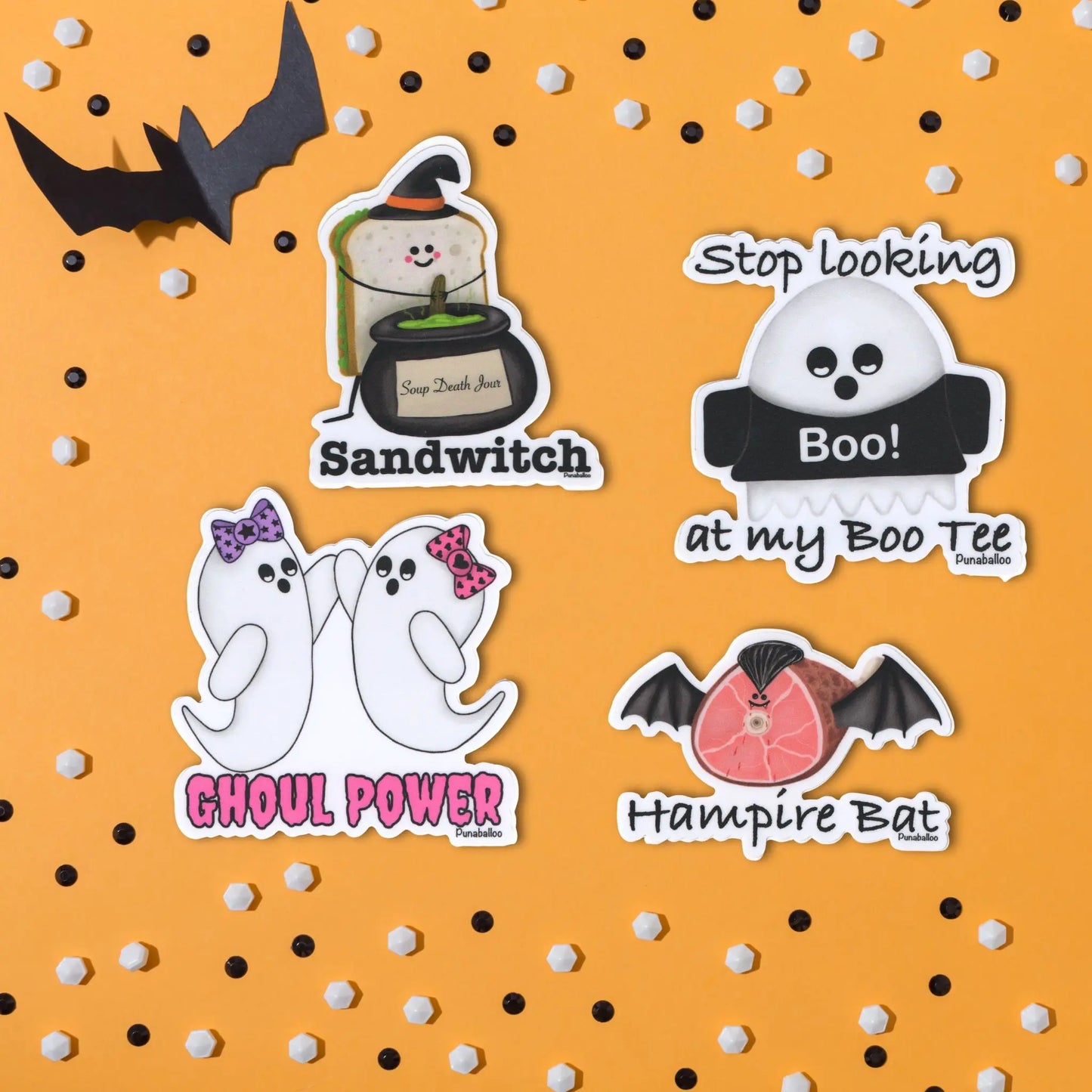 Halloween Sticker Bundle – Funny Ghost, Witch, Vampire & Pun Vinyl Stickers (Set of 4, 3") – Waterproof & Spooky Cute