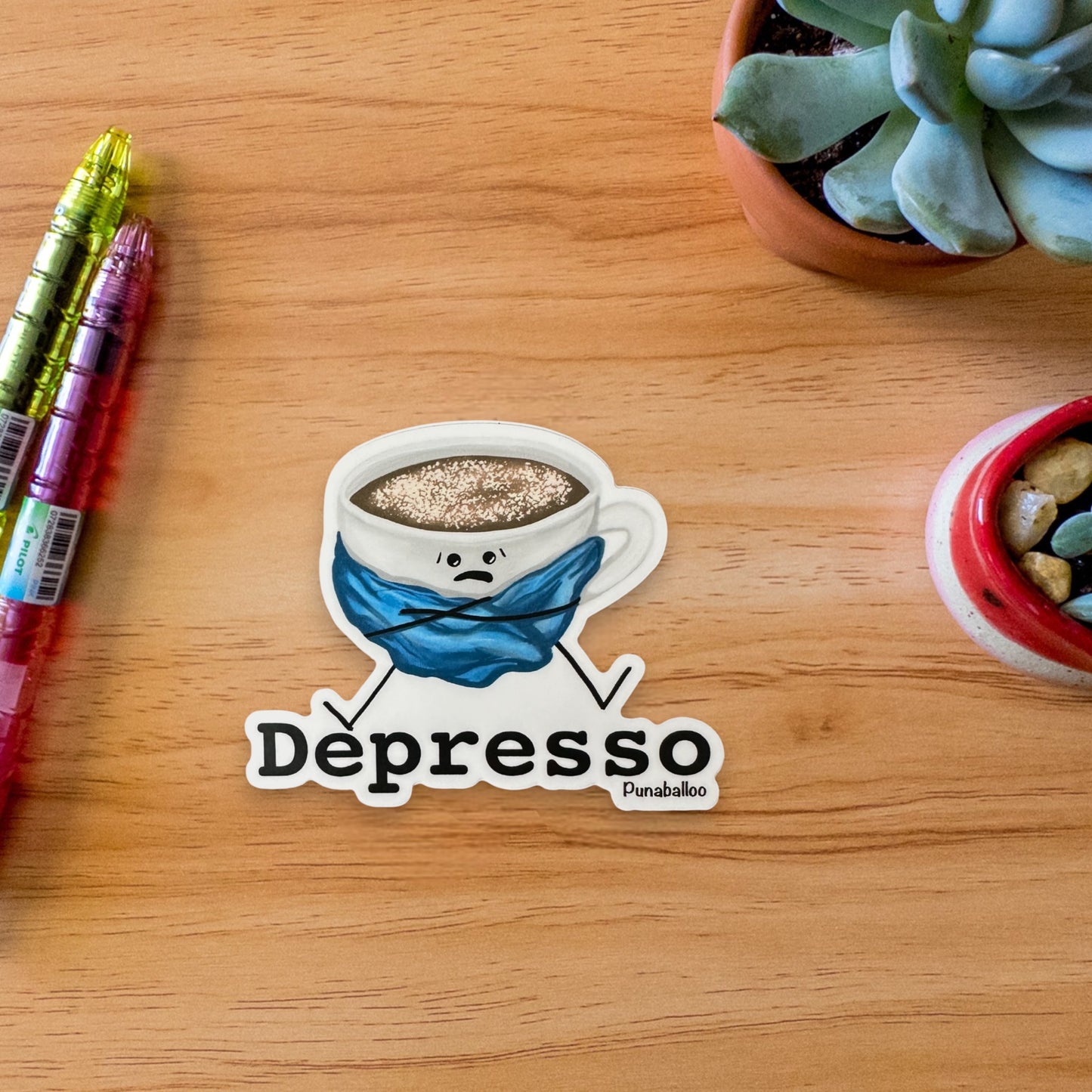 Depresso 3" Vinyl Coffee Pun Sticker - Punaballoo