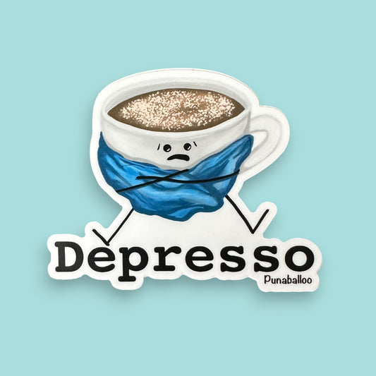 Depresso 3" Vinyl Coffee Pun Sticker - Punaballoo