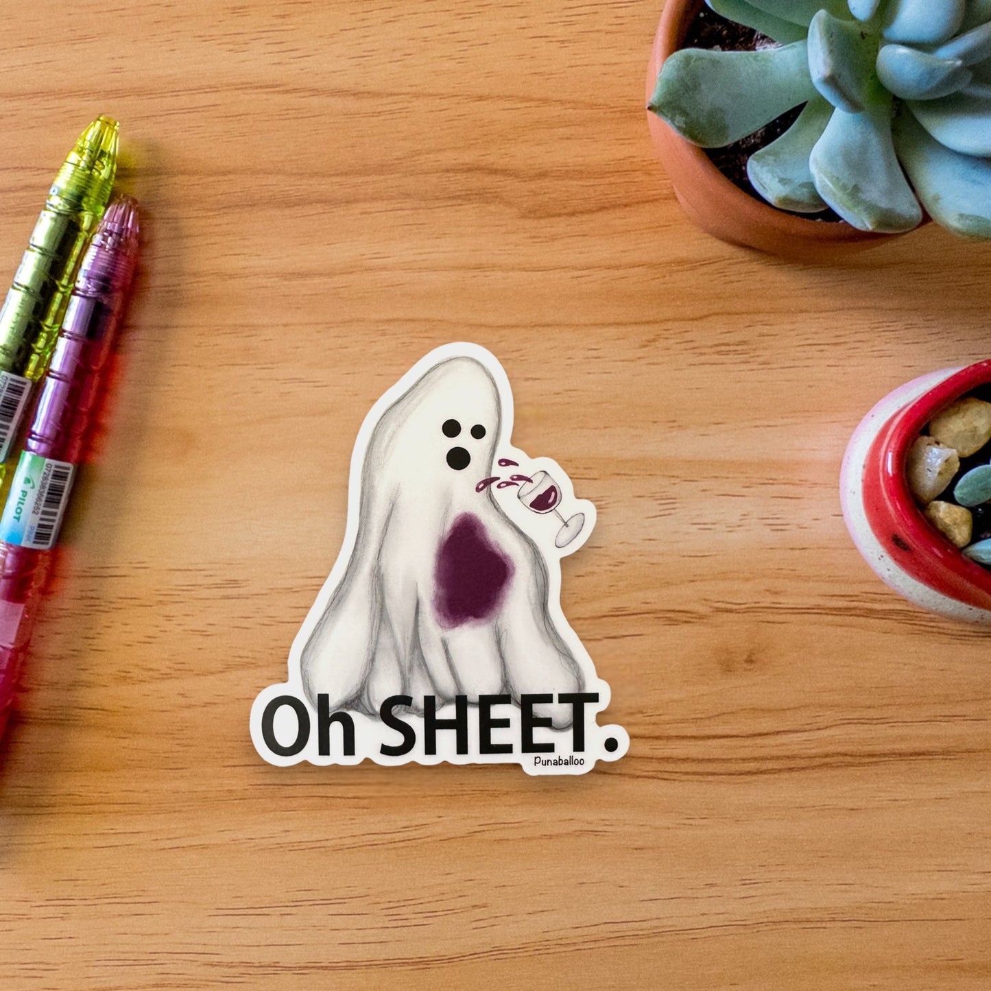 Oh Sheet 3" Vinyl Ghost and Wine Pun Sticker - Punaballoo