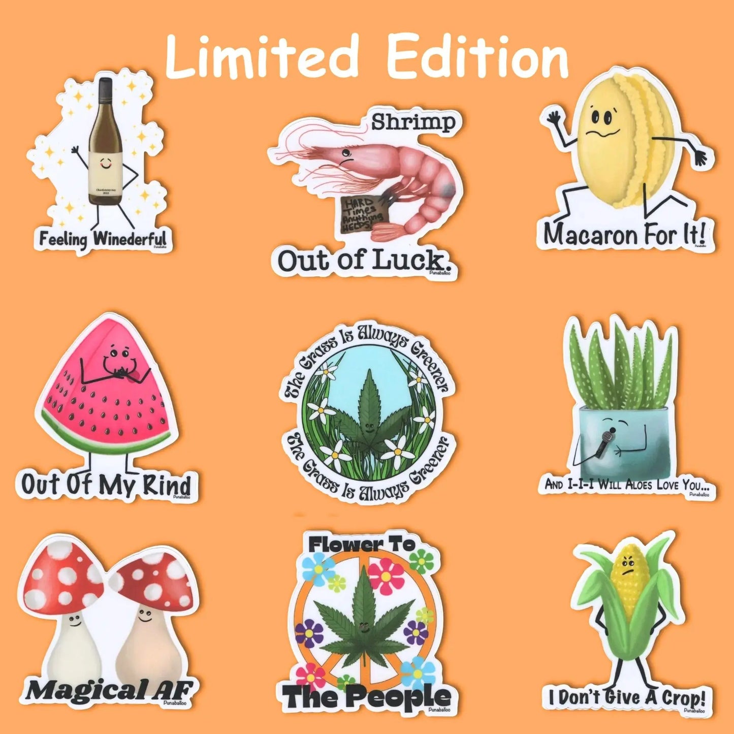 Collection of colorful punny stickers with various designs on an orange background