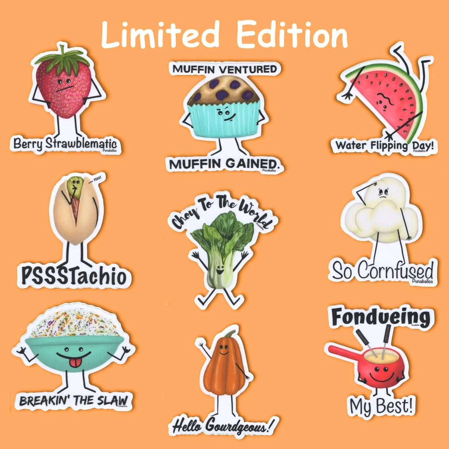Set of colorful character stickers with humorous text on an orange background