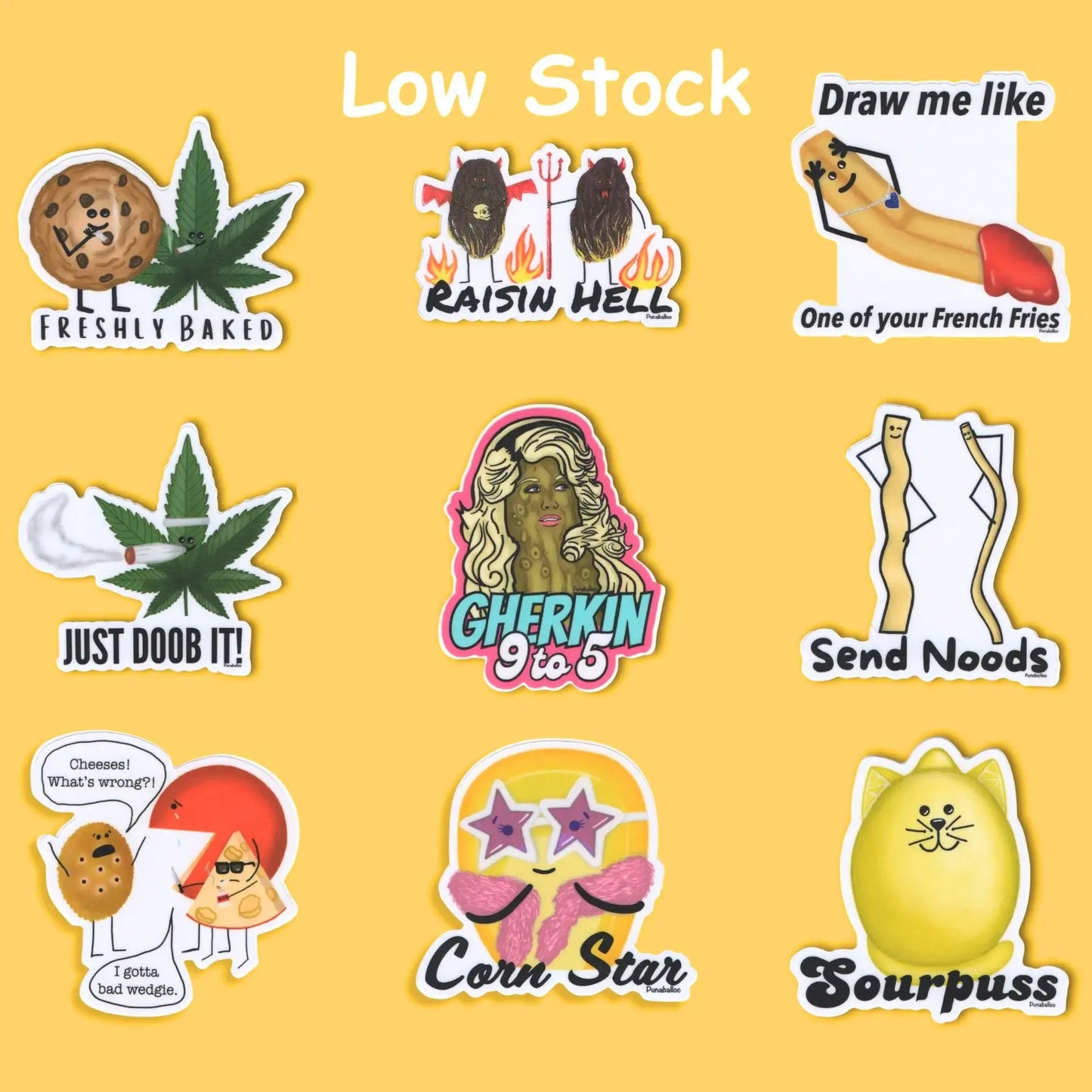 Funny 3" Vinyl Pun Stickers on a yellow background