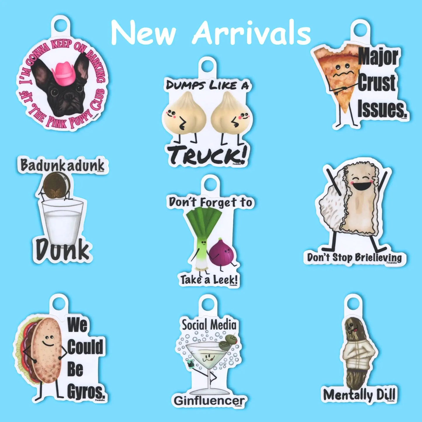 Collection of Funny Pun Stickers on a blue background