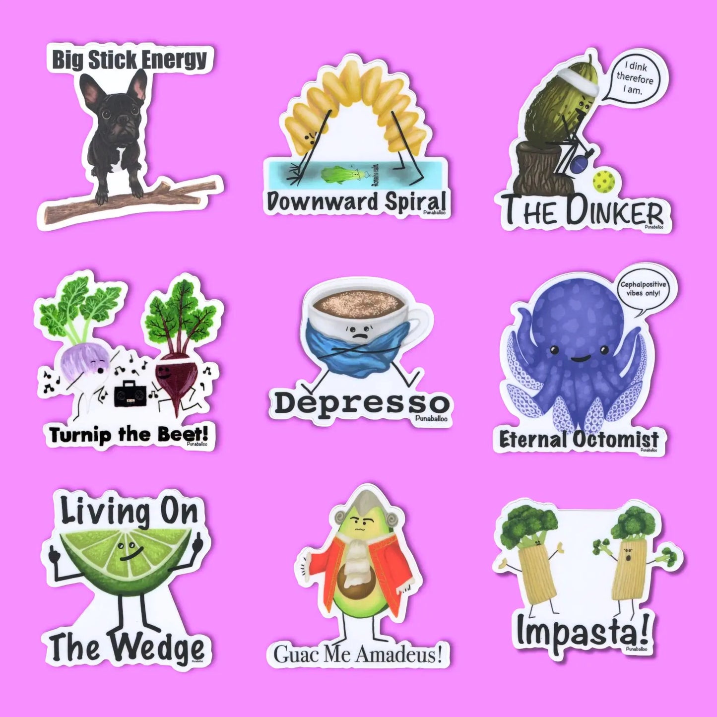 Funny Pun Stickers with original artwork and humorous punny sayings on a purple background