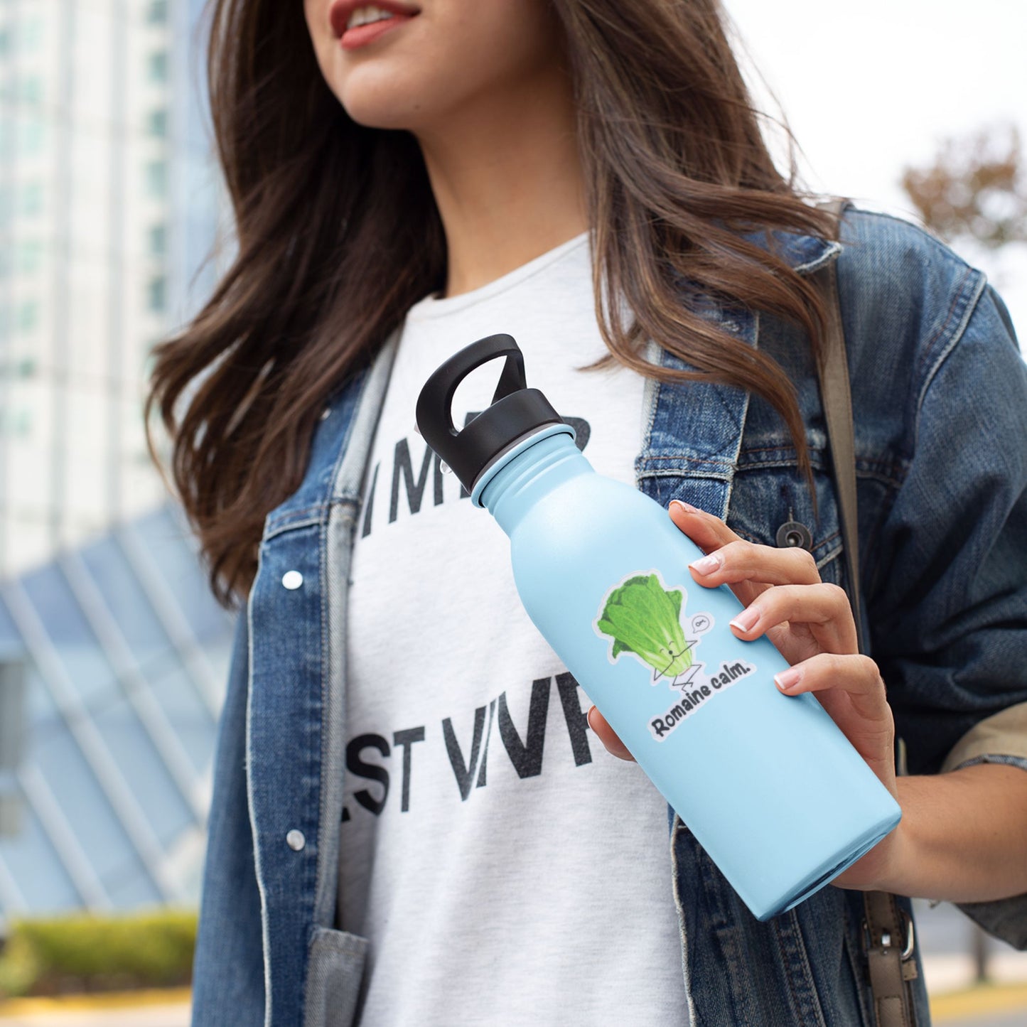 Funny lettuce sticker “Romaine Calm” — artist-illustrated food pun design by Punaballoo, indoor/outdoor waterproof vinyl decal for plant and humor lovers.