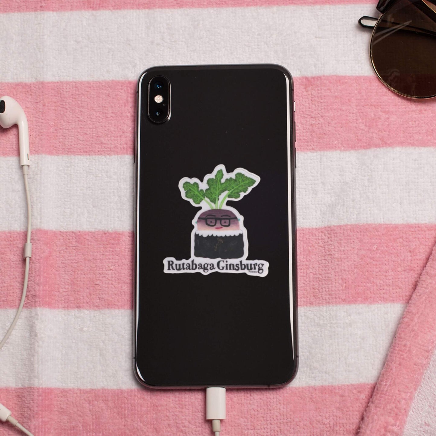 “Rutabaga Ginsburg” sticker — hand-drawn RBG veggie pun design by Punaballoo, waterproof vinyl decal for pun lovers and social justice fans.