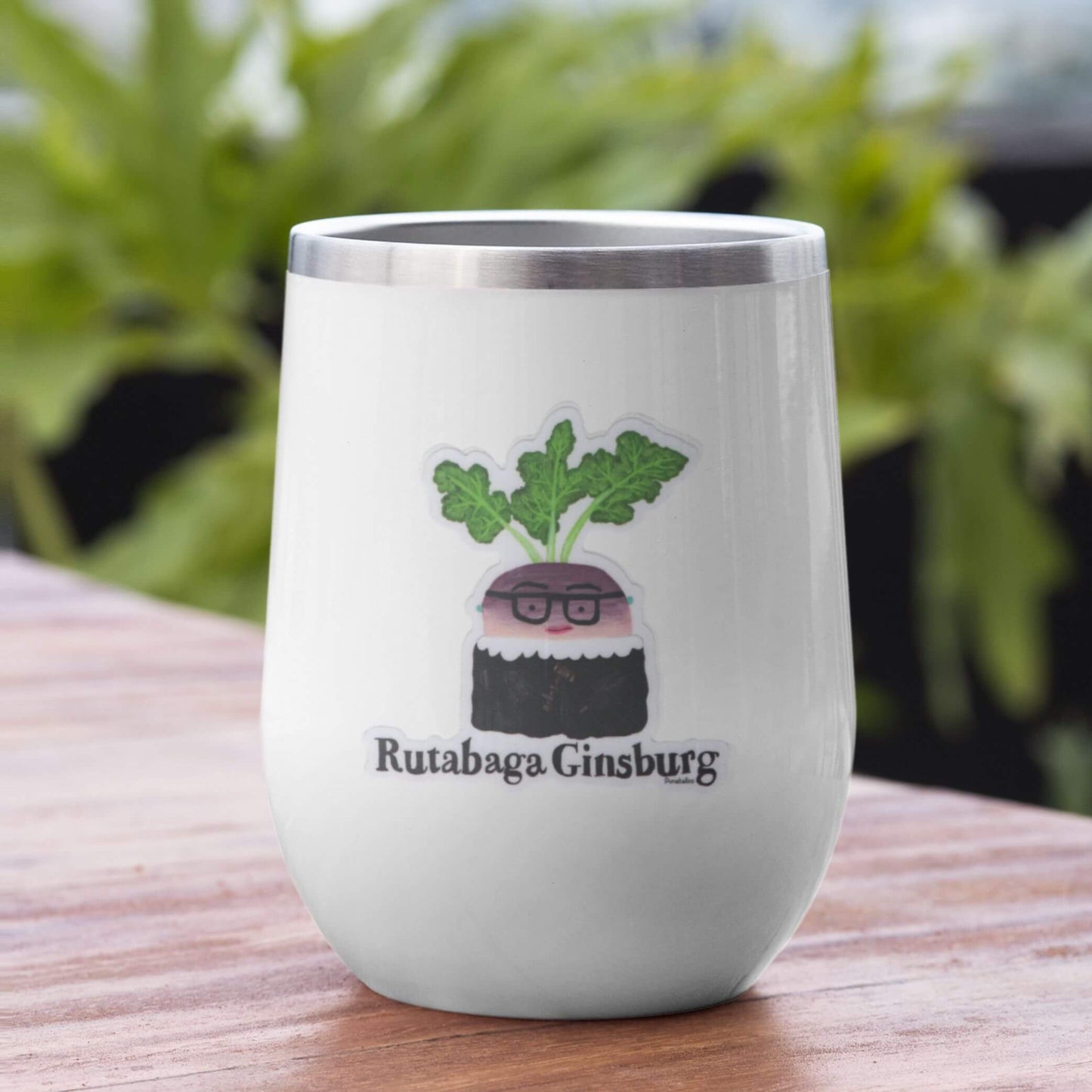 “Rutabaga Ginsburg” sticker — hand-drawn RBG veggie pun design by Punaballoo, waterproof vinyl decal for pun lovers and social justice fans.