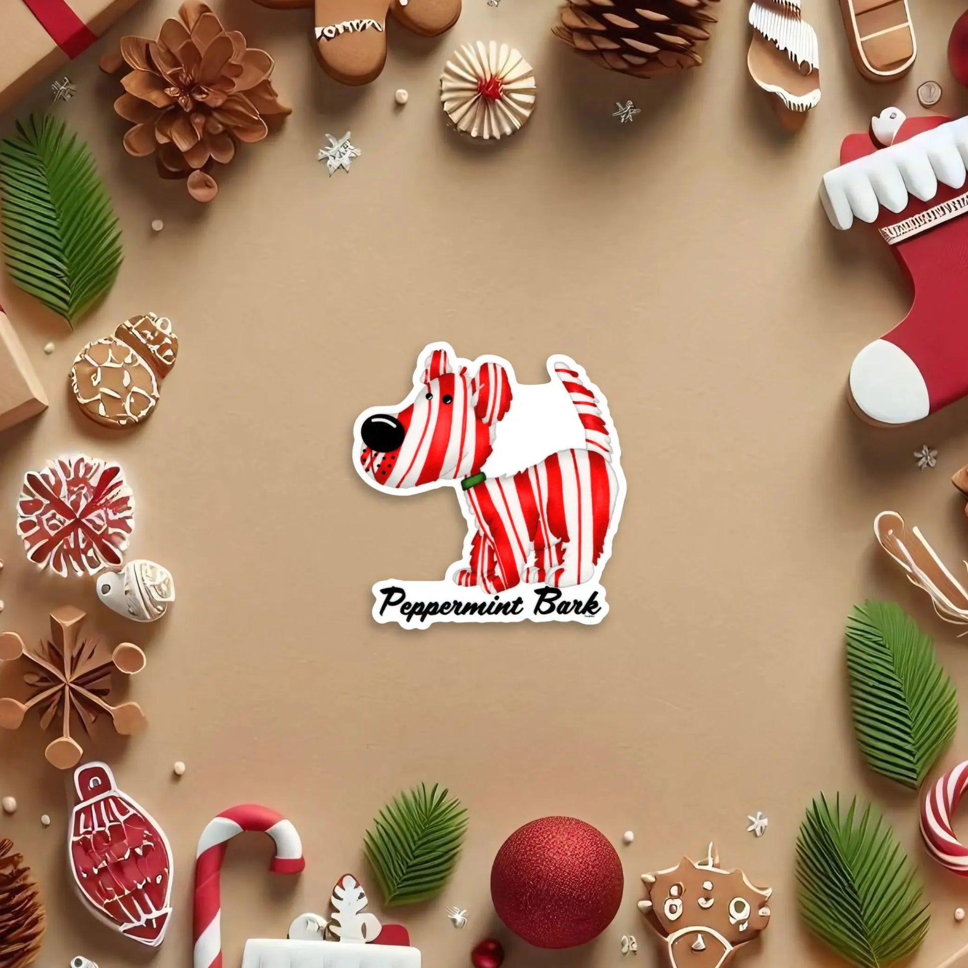 Peppermint Bark sticker — hand-drawn peppermint dog Christmas pun design, waterproof vinyl decal.