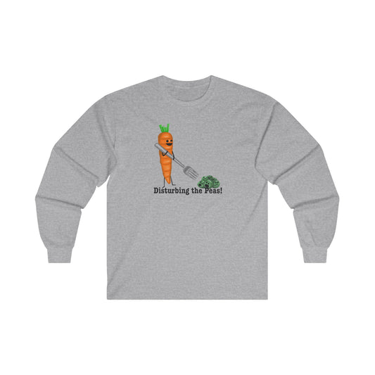 Disturbing The Peas Adult Unisex Long Sleeve Pun T-Shirt with a funny vegetable pun saying and design