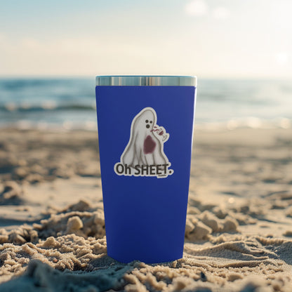 Oh Sheet! Ghost & Wine Sticker – 3″ Vinyl, Water + Wine-Proof, Funny Ghost Pun Decal