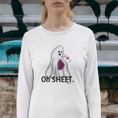 Woman wearing the white Oh Sheet ghost long sleeve shirt in front of a painted wall