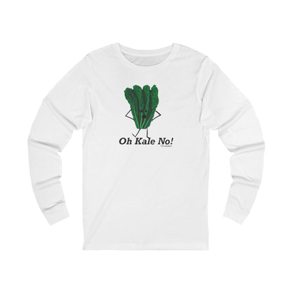 Front of white long sleeve shirt with an angry kale character and Oh Kale No text
