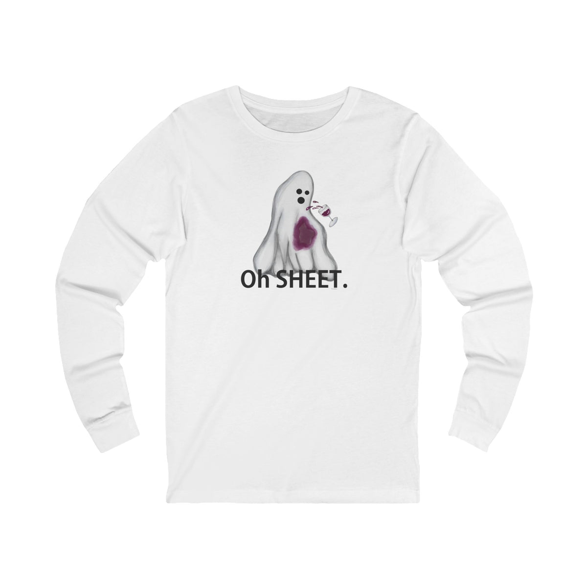 Front of white Oh Sheet long sleeve shirt with a wine-stained ghost design