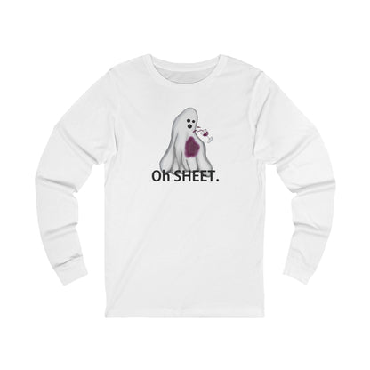 Front of white Oh Sheet long sleeve shirt with a wine-stained ghost design