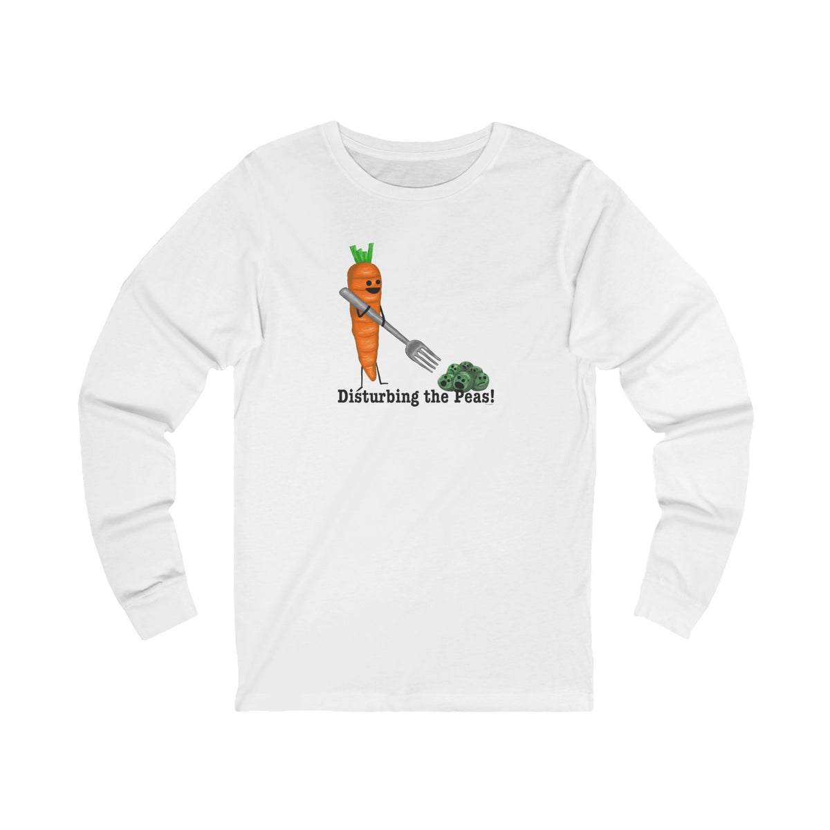 Front of white long sleeve shirt with a carrot holding a fork toward a pile of peas