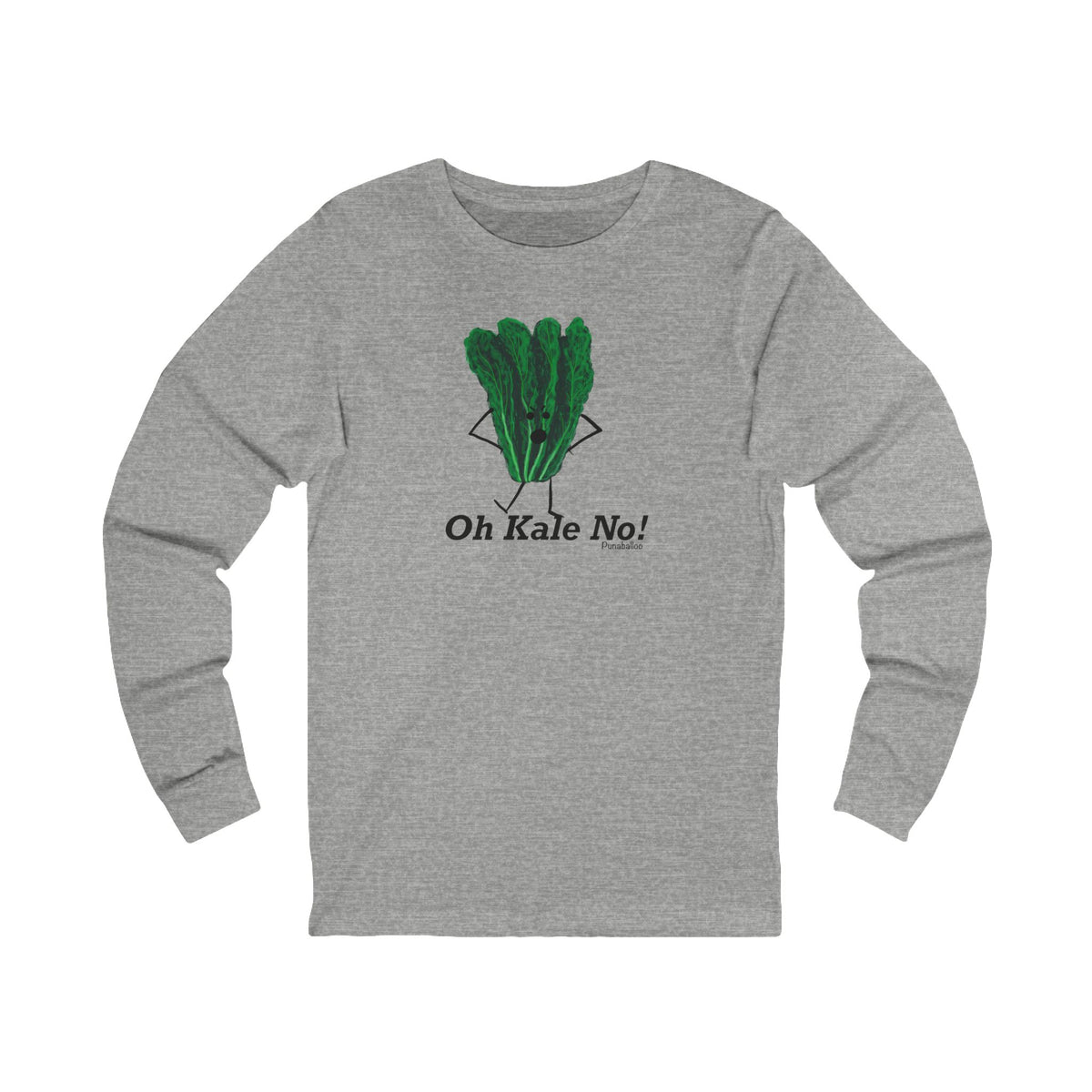 Front of athletic heather long sleeve shirt with the Oh Kale No design