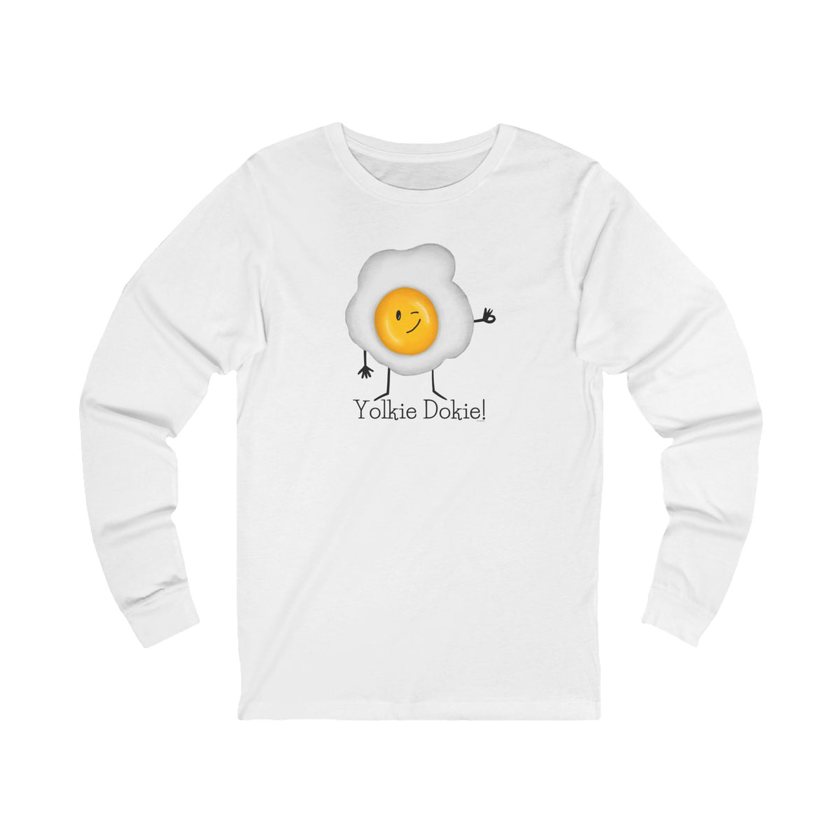 Front of white long sleeve shirt with a winking fried egg giving an OK sign