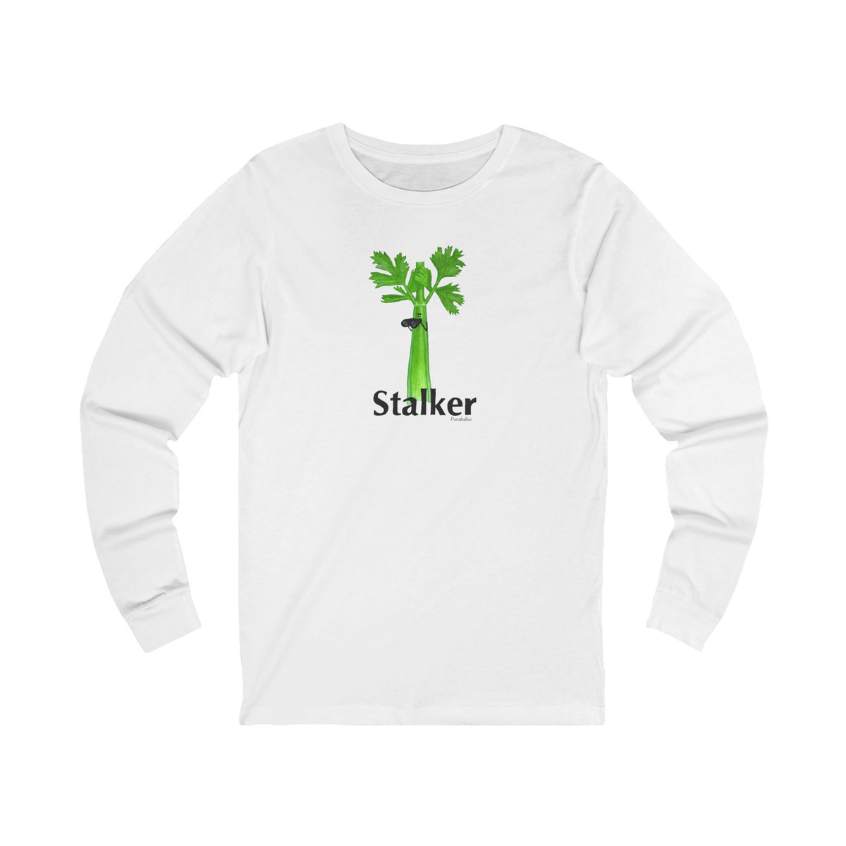 Front of white long sleeve shirt with the Stalker celery and binoculars design