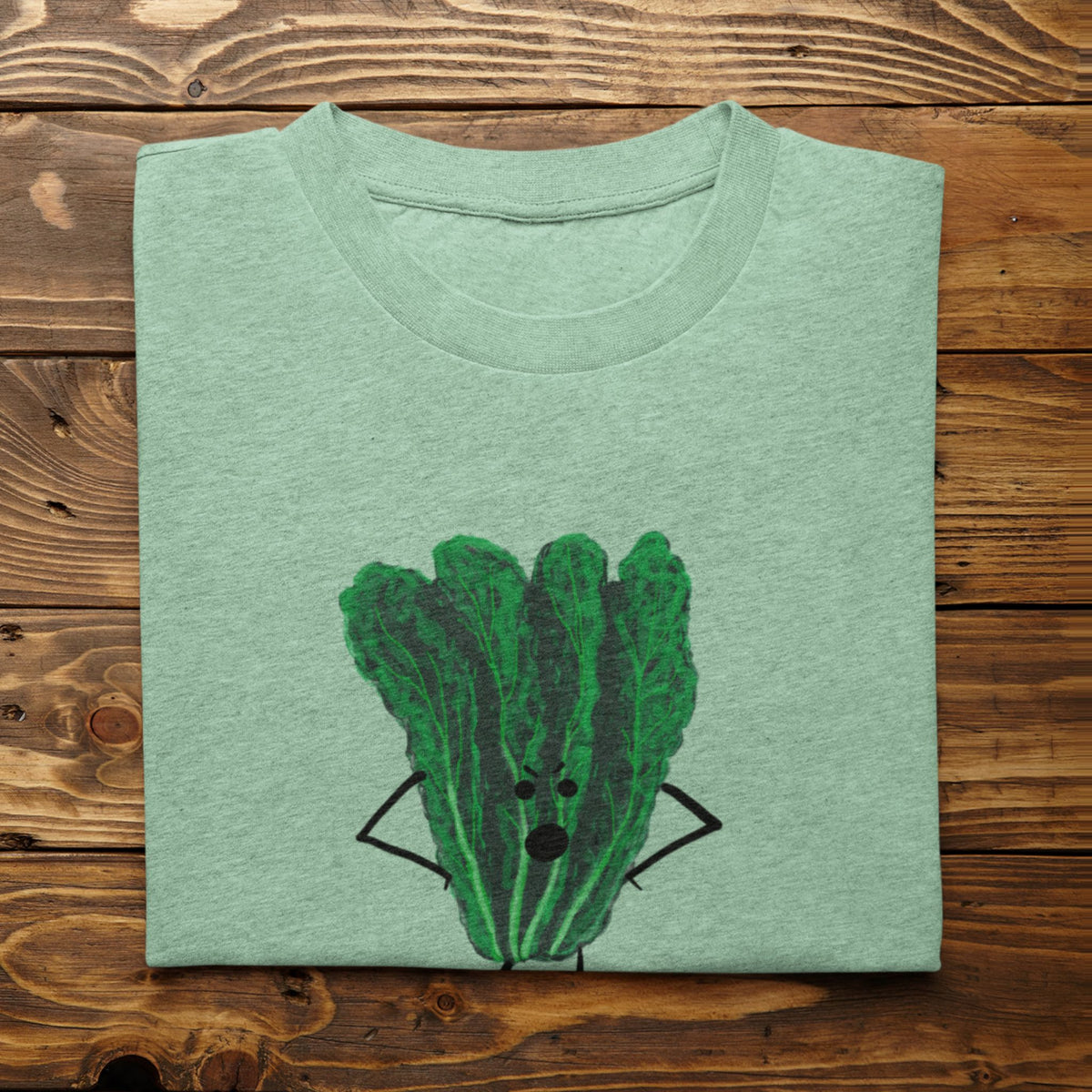 A folded light heather mint t-shirt with Oh Kale No pun printed on the front, displayed flat on a rustic wooden plank background.