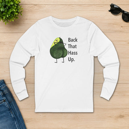 White Back That Hass Up long sleeve shirt displayed flat on a wooden background
