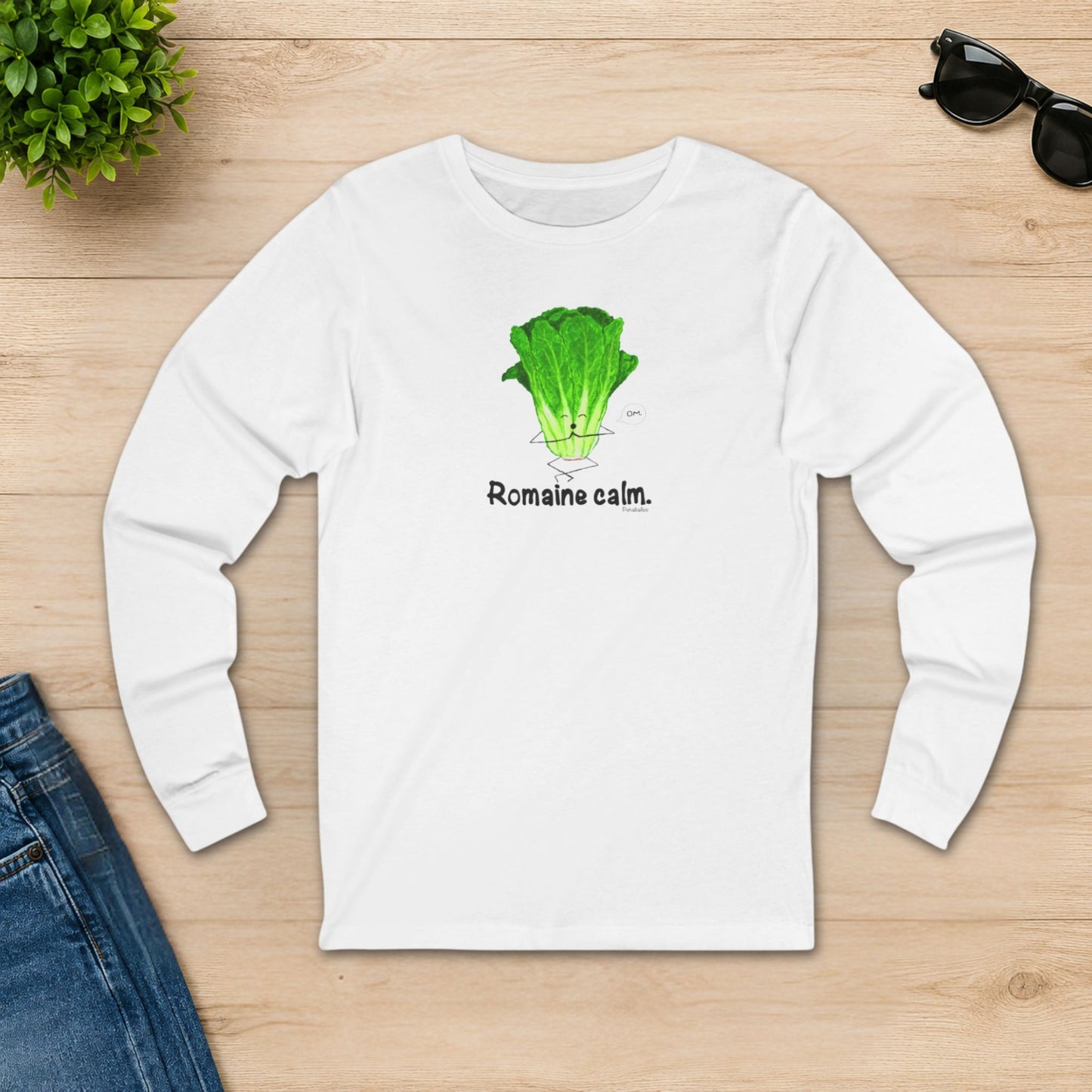 White Romaine Calm long sleeve shirt with meditating lettuce design