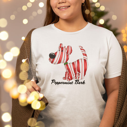 Peppermint Bark t-shirt with hand-drawn peppermint striped dog Christmas pun design.