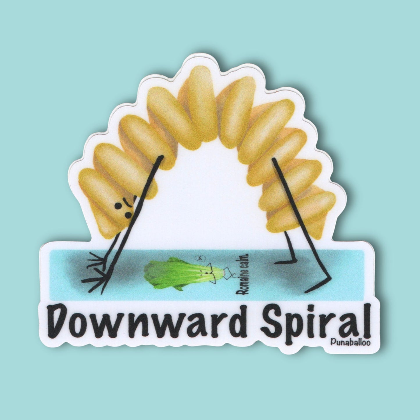 Downward Spiral Pasta Pun Sticker – 3″ Vinyl, Weatherproof Yoga & Pasta Humor