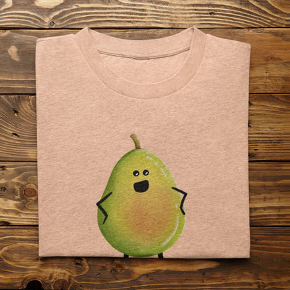 A folded heathered peach t-shirt with a cute cartoon pear character printed on the front, displayed flat on a rustic dark wood background.