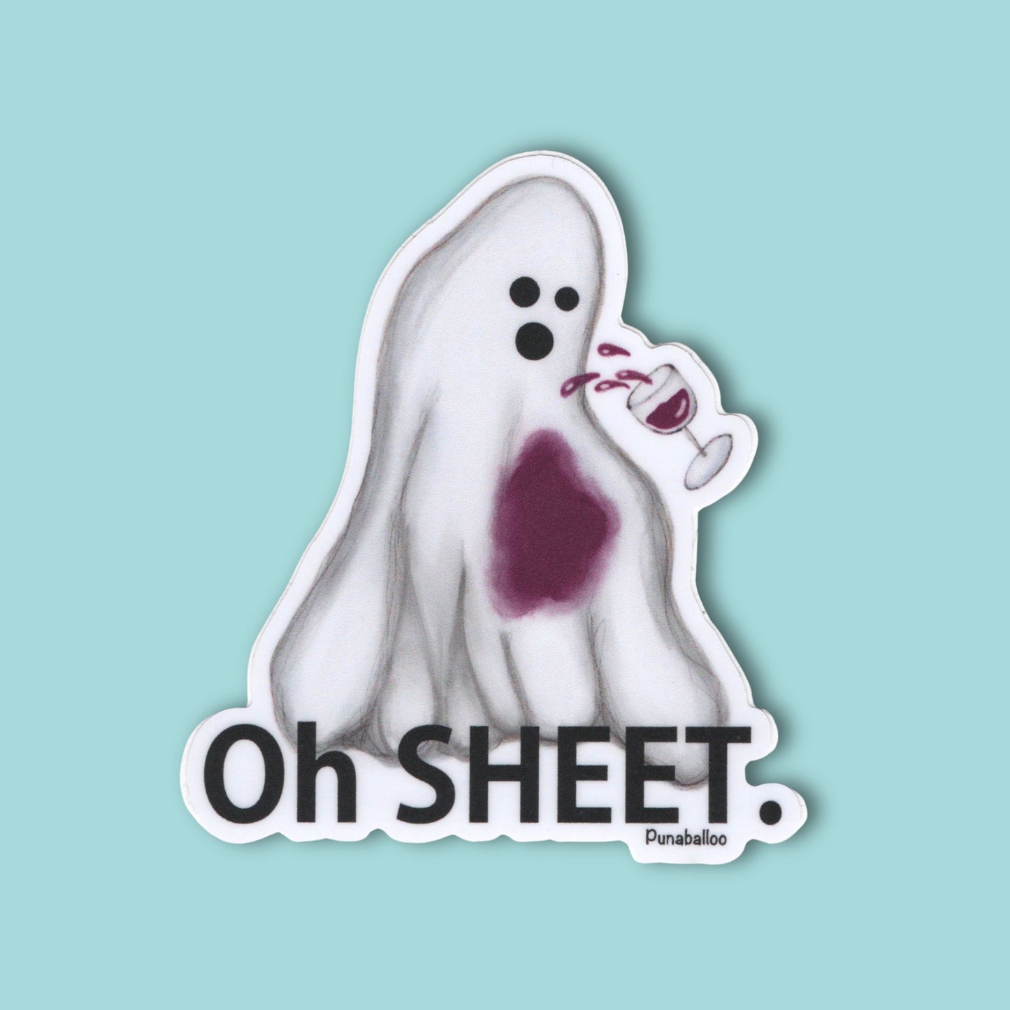 Oh Sheet! Ghost & Wine Sticker – 3″ Vinyl, Water + Wine-Proof, Funny Ghost Pun Decal