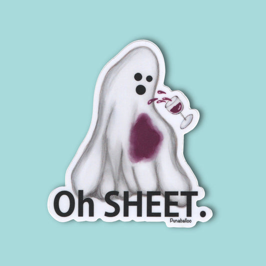 Oh Sheet! Ghost & Wine Sticker – 3″ Vinyl, Water + Wine-Proof, Funny Ghost Pun Decal