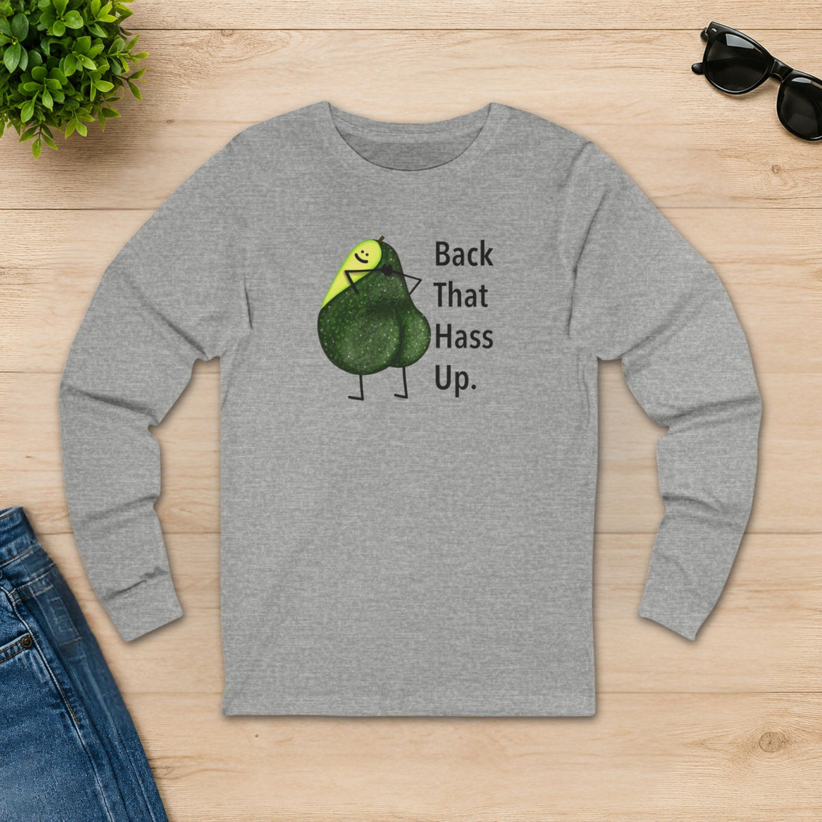 Athletic heather Back That Hass Up avocado long sleeve shirt displayed flat
