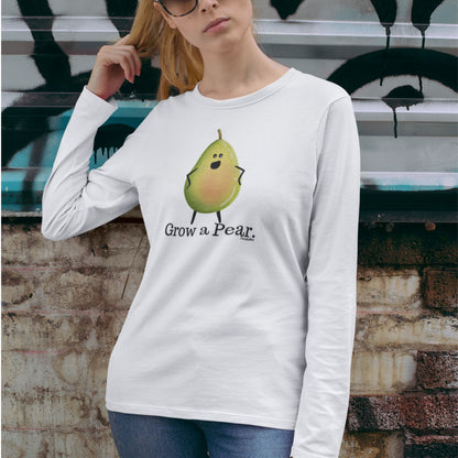Woman wearing a white Grow a Pear long sleeve T-shirt