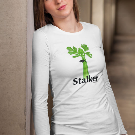 Woman wearing a white Stalker long sleeve shirt with a celery stalk holding binoculars