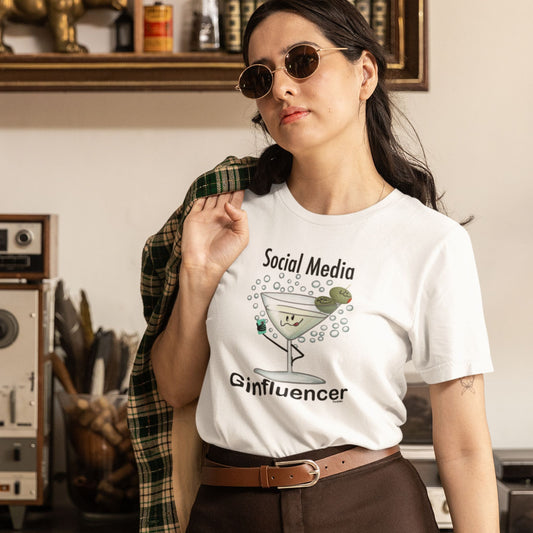 Social Media Ginfluencer T-Shirt | Funny Cocktail Pun Graphic Tee | Dirty Martini Humor Shirt | Unisex Alcohol Lover Gift | Gin Tee for Adults | Drink Pun Shirt