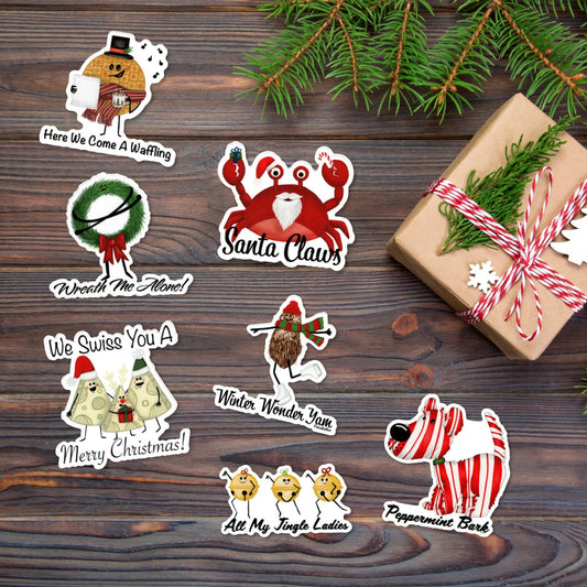 Christmas sticker pack of 7 hand-drawn holiday pun designs, waterproof vinyl decals.
