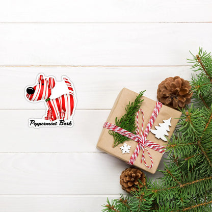 Peppermint Bark sticker — hand-drawn peppermint dog Christmas pun design, waterproof vinyl decal.