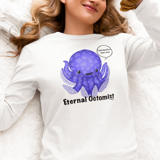 Woman wearing the white Eternal Octomist long sleeve shirt with a purple octopus design
