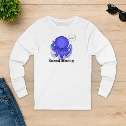 White Eternal Octomist octopus shirt laid flat on a wooden table