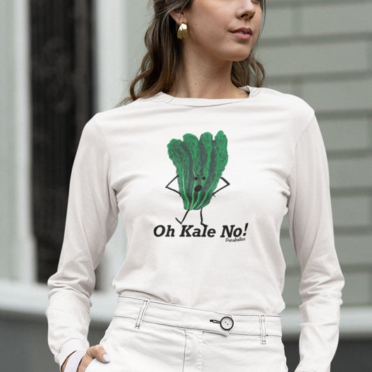 Woman wearing a white Oh Kale No long sleeve shirt with an angry kale design