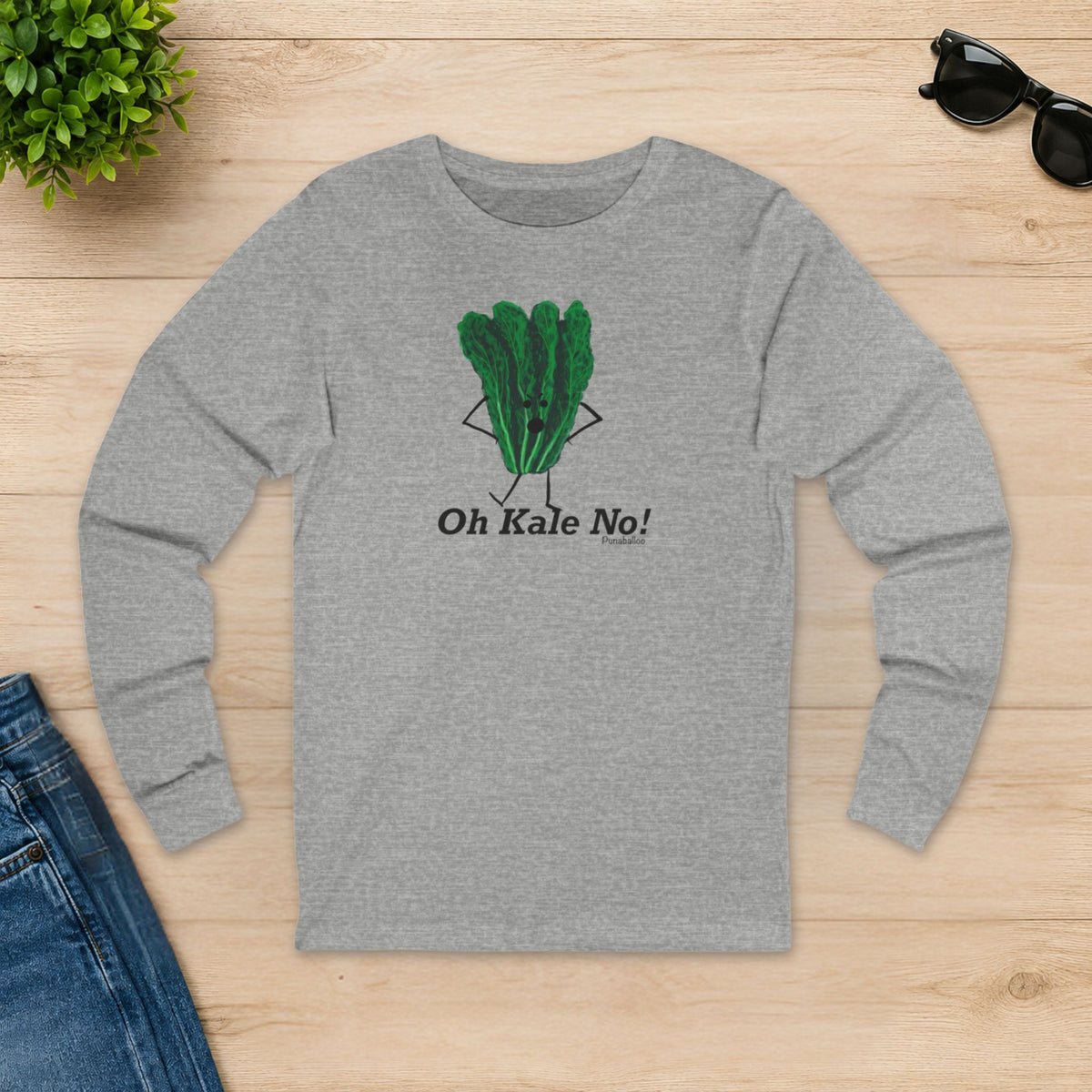 Athletic heather Oh Kale No kale long sleeve shirt laid flat on a wooden table