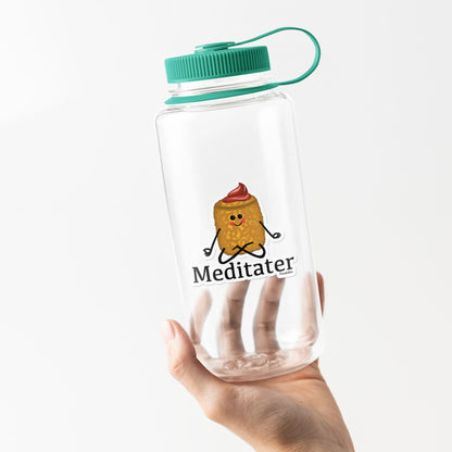 Waterproof Meditater sticker on a clear water bottle held in one hand