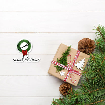 Wreath Me Alone sticker — hand-drawn grumpy Christmas wreath pun design, waterproof vinyl decal.