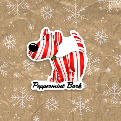 Peppermint Bark sticker — hand-drawn peppermint dog Christmas pun design, waterproof vinyl decal.
