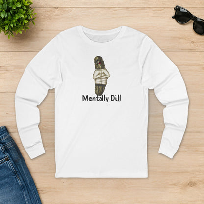 White Mentally Dill pickle long sleeve shirt laid flat on a wooden table