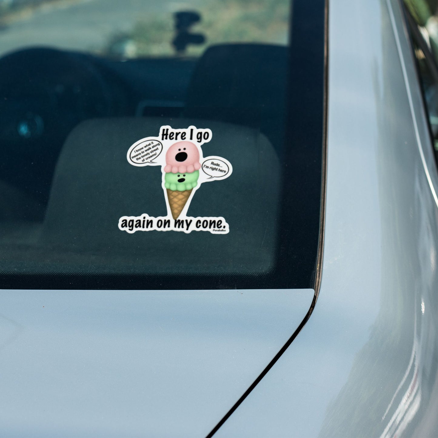 Here I Go Again on My Cone ice cream pun sticker on a car window